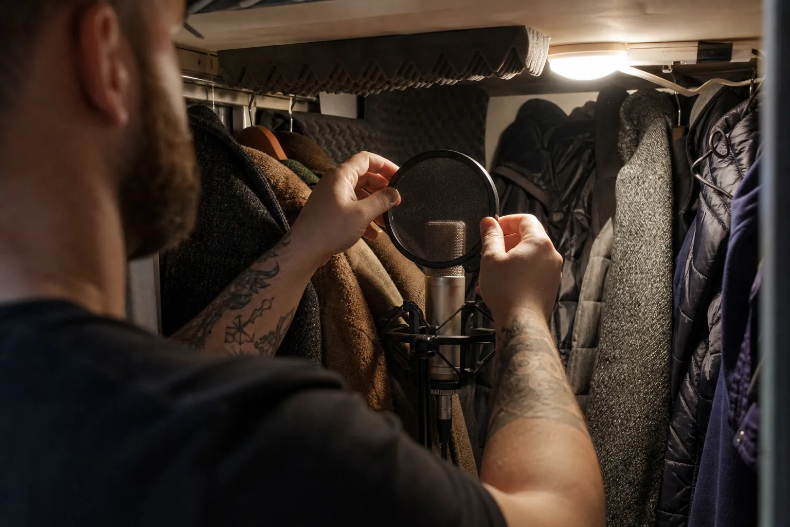 Hands adjusting a pop filter on a microphone in a closet turned into a small vocal booth