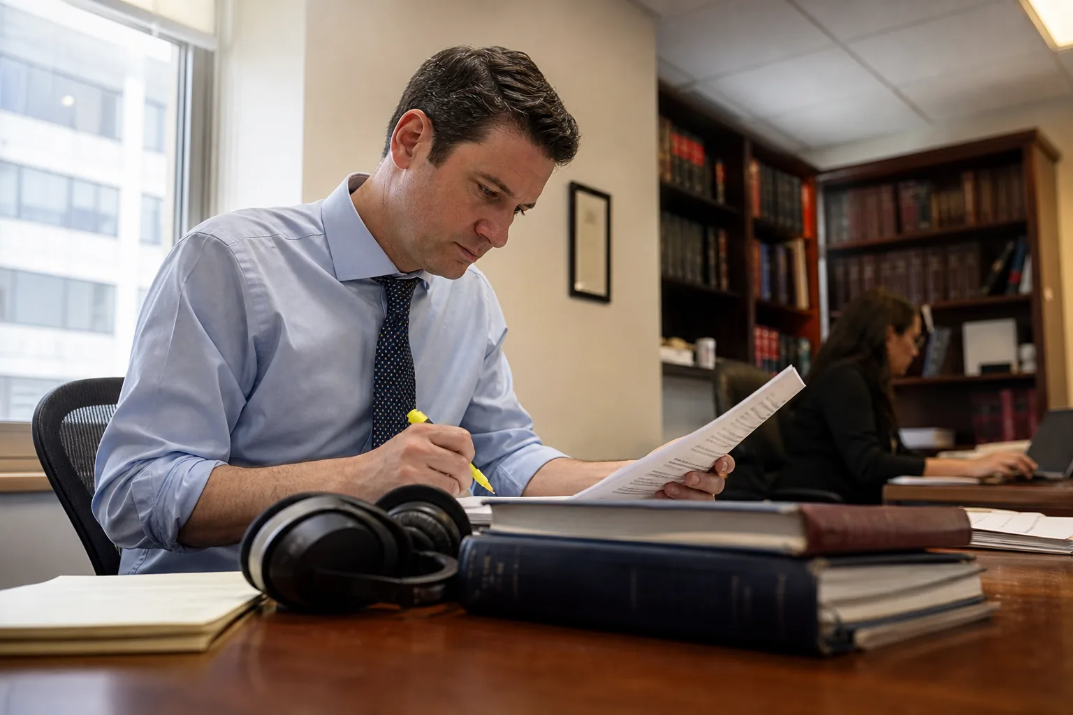 In-house lawyer highlighting a printed consent form beside a stack of legal books and headphones