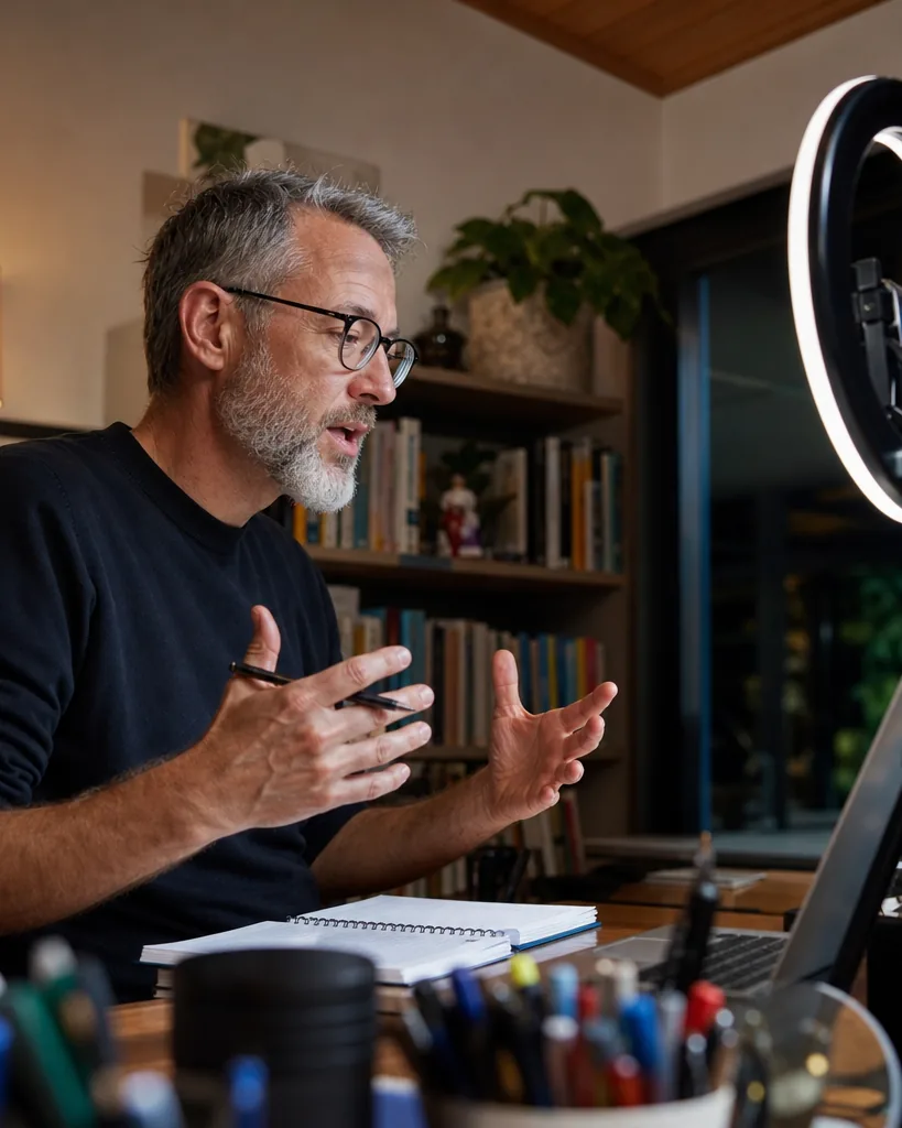 Coach in a home studio with a ring light recording a lesson