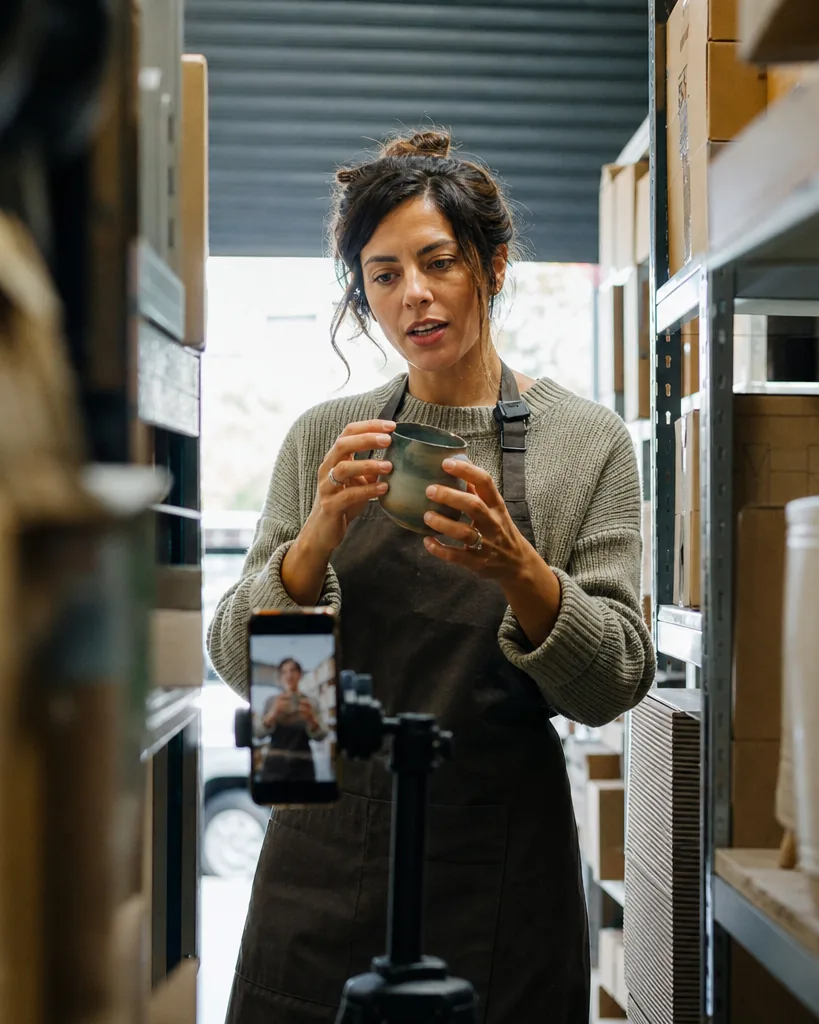 Founder in her product warehouse recording a video update with a lavalier microphone