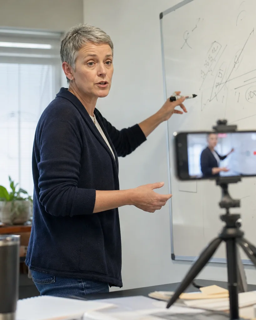 Corporate trainer in a training room recording herself with a phone on a small tripod