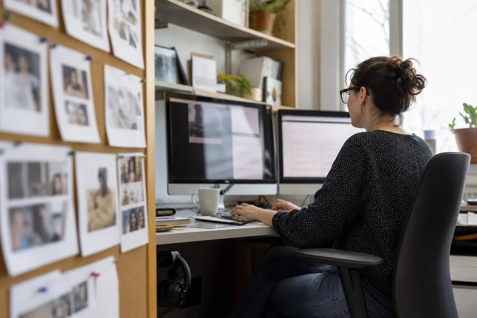 Instructional designer typing a script beside a cork board of printed scene thumbnails