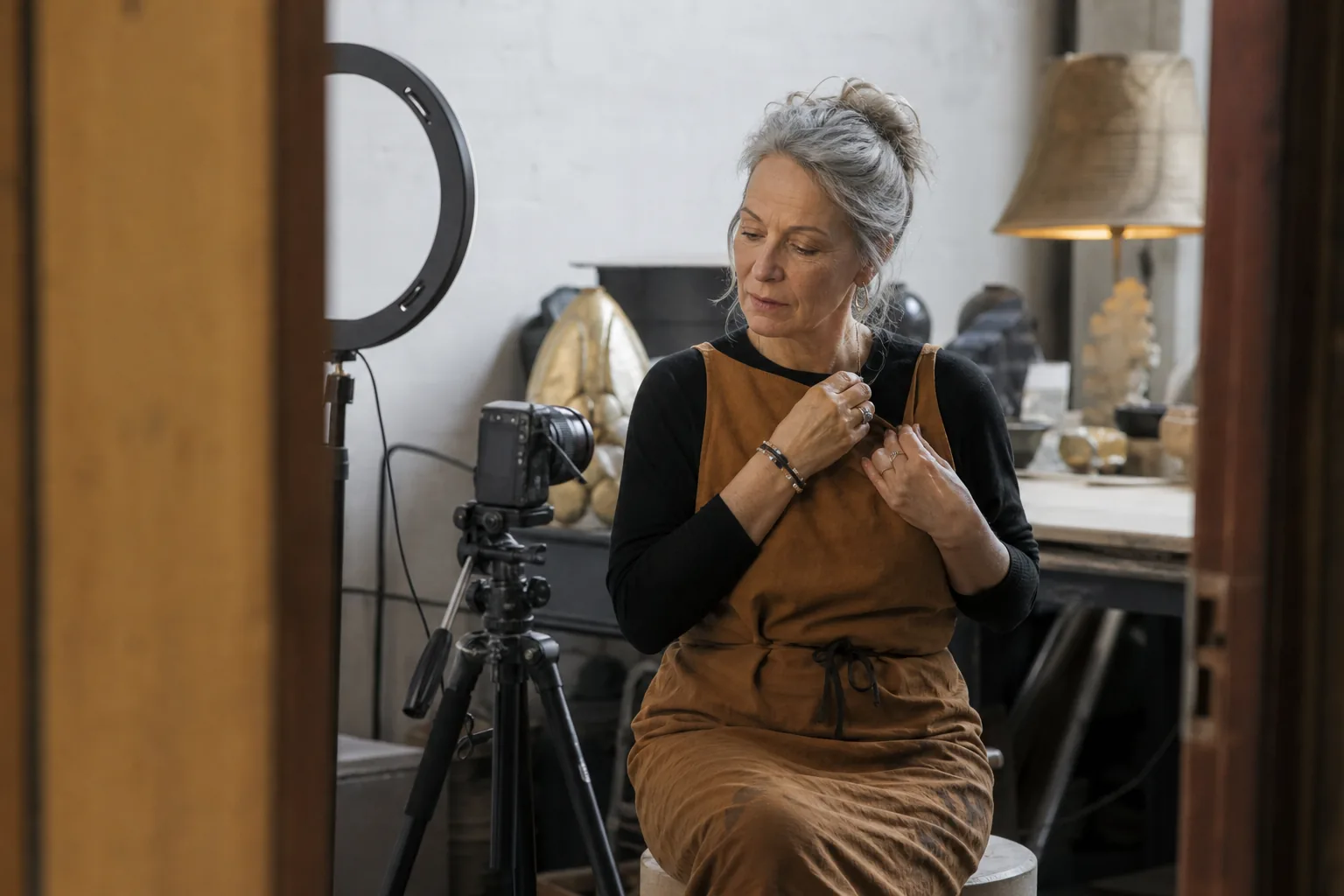 Founder clipping on a lavalier microphone in front of a camera and ring light before recording