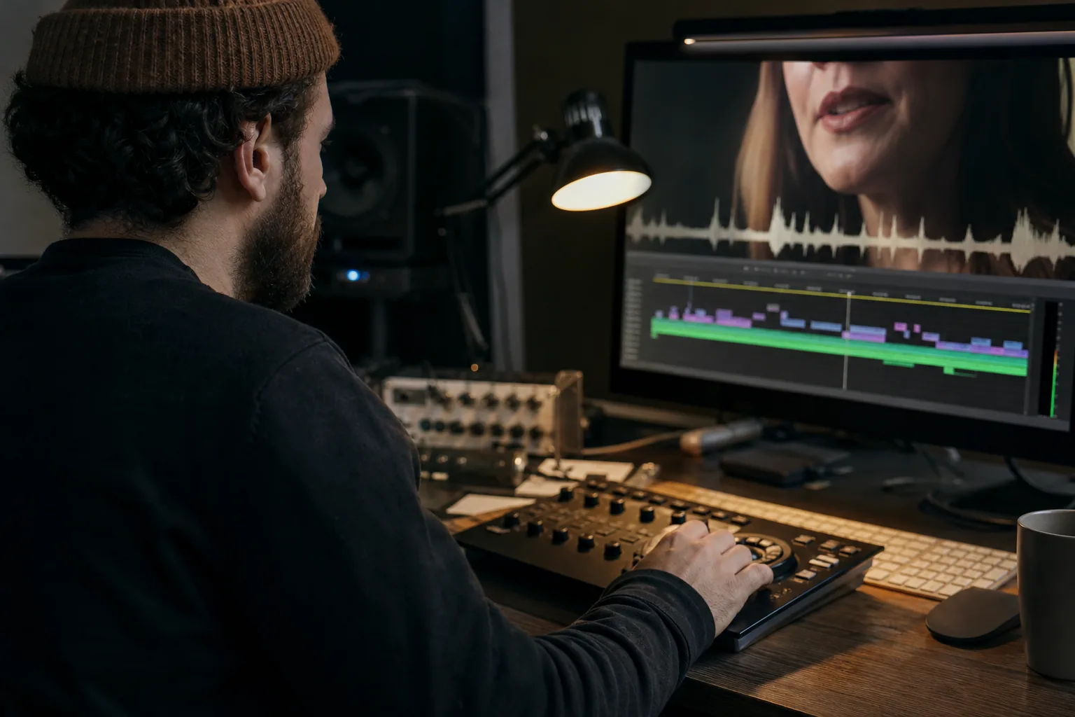 Video editor scrubbing a timeline with a presenter's close-up on the monitor in a dim edit room