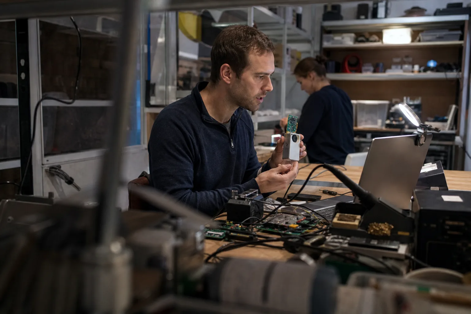 Founder holding a prototype while recording a product announcement at a lab bench