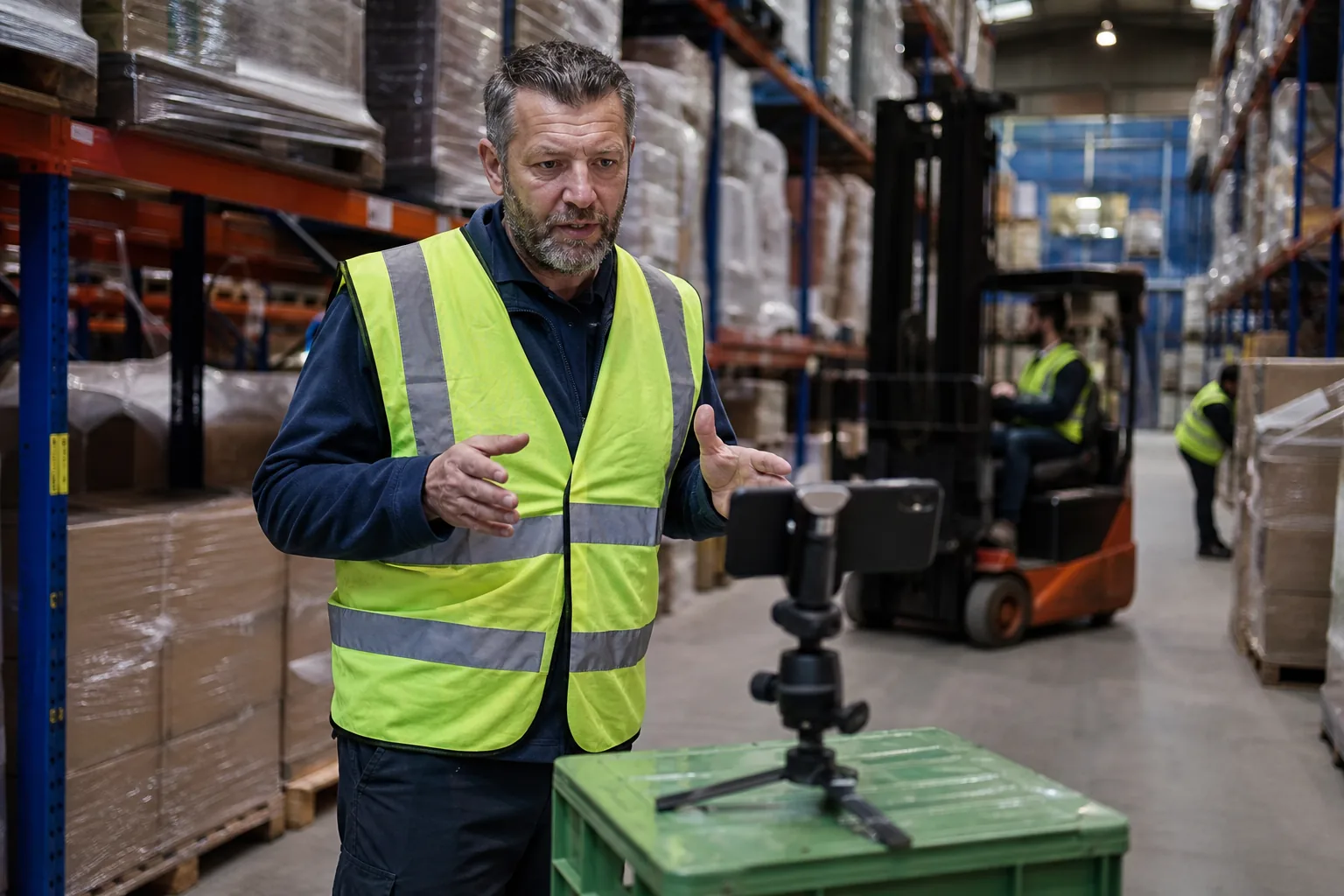 Warehouse safety trainer in a hi-vis vest recording an explanation on a phone tripod between pallet racks