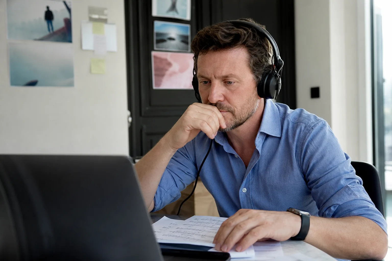 Marketing manager with headphones reviewing a dubbed product video against a marked-up script