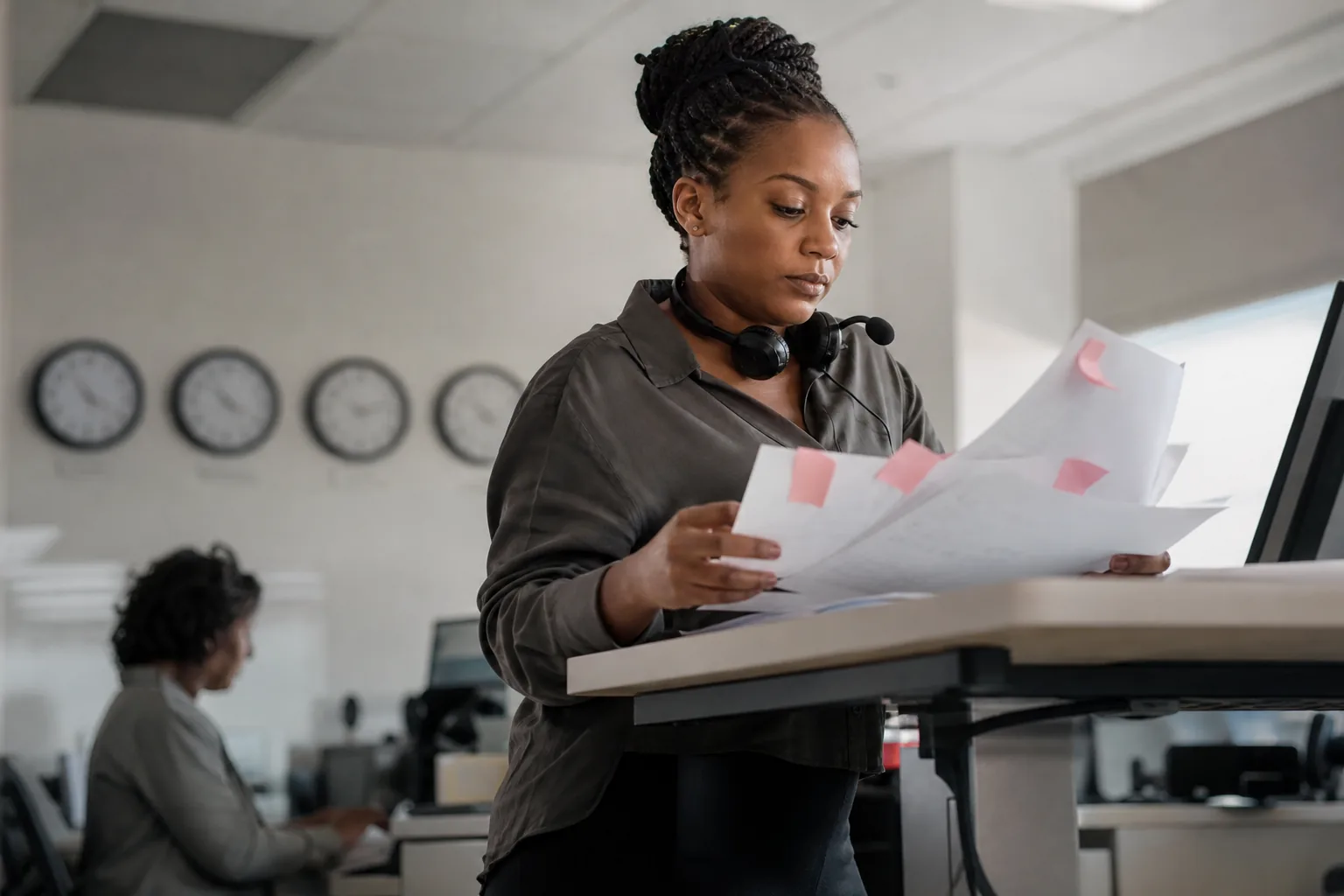 Support lead reviewing printed translation drafts with sticky notes at a standing desk