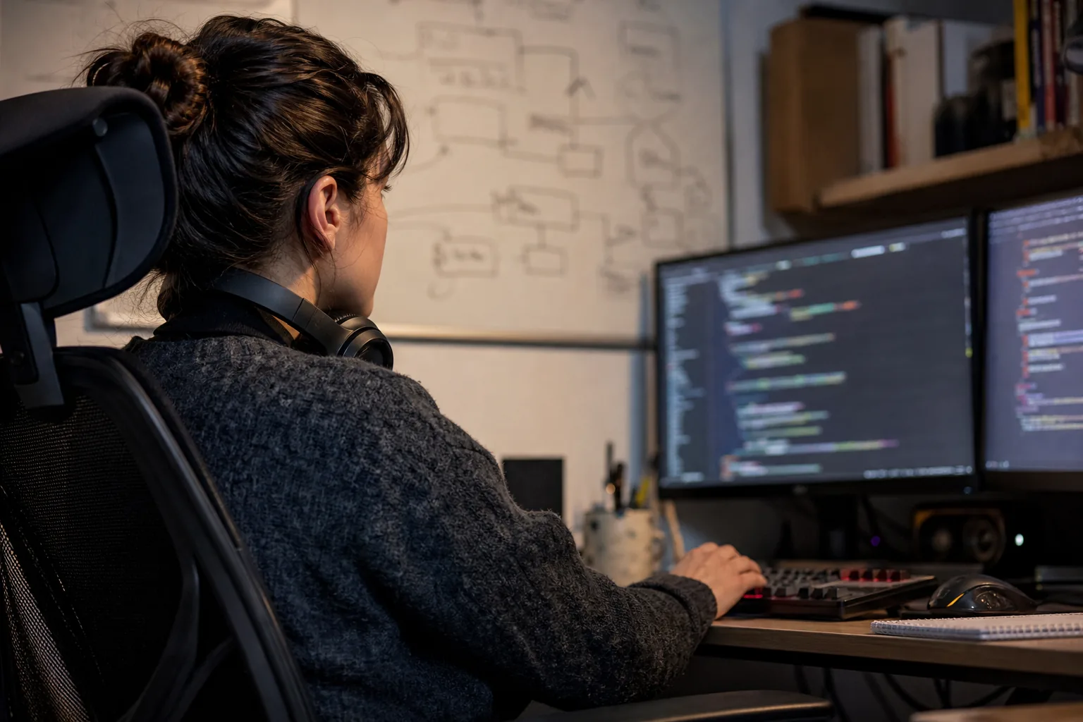 Developer at a two-monitor desk with a hand-drawn request flow diagram on the whiteboard behind