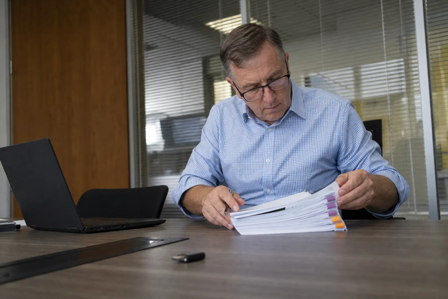 IT security reviewer working through a tabbed printed questionnaire in a corporate meeting room