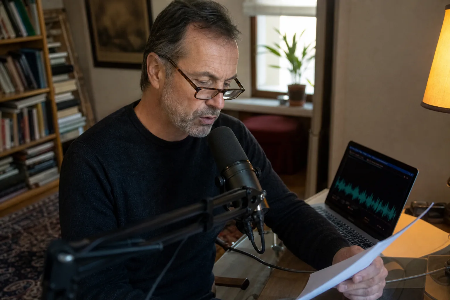 Course creator reading a passage into a desk microphone in a furnished home office to record a voice sample