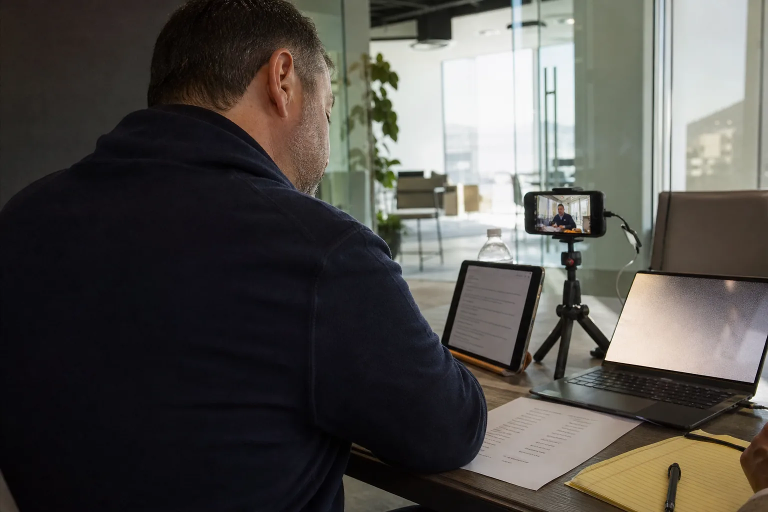 Trainer in a quiet meeting room reading a script from a tablet while a phone on a tripod records, a printed pronunciation list on the table