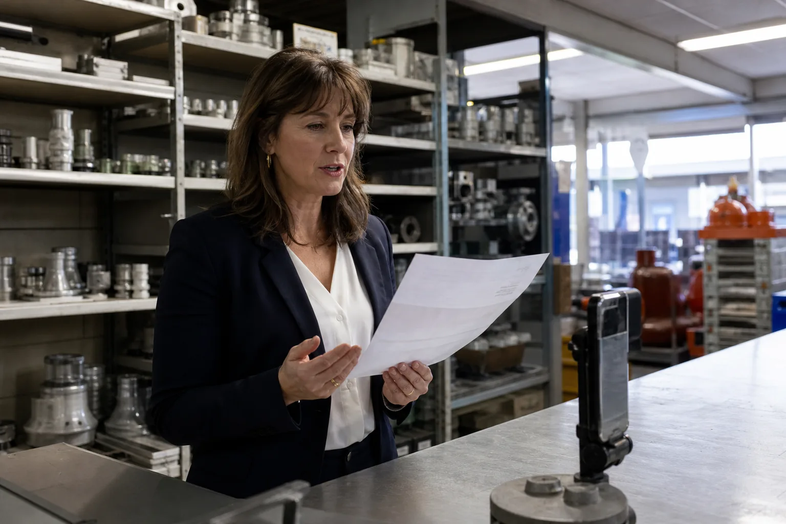 Sales rep in a showroom recording a quick follow-up on a phone, product samples on the shelf behind