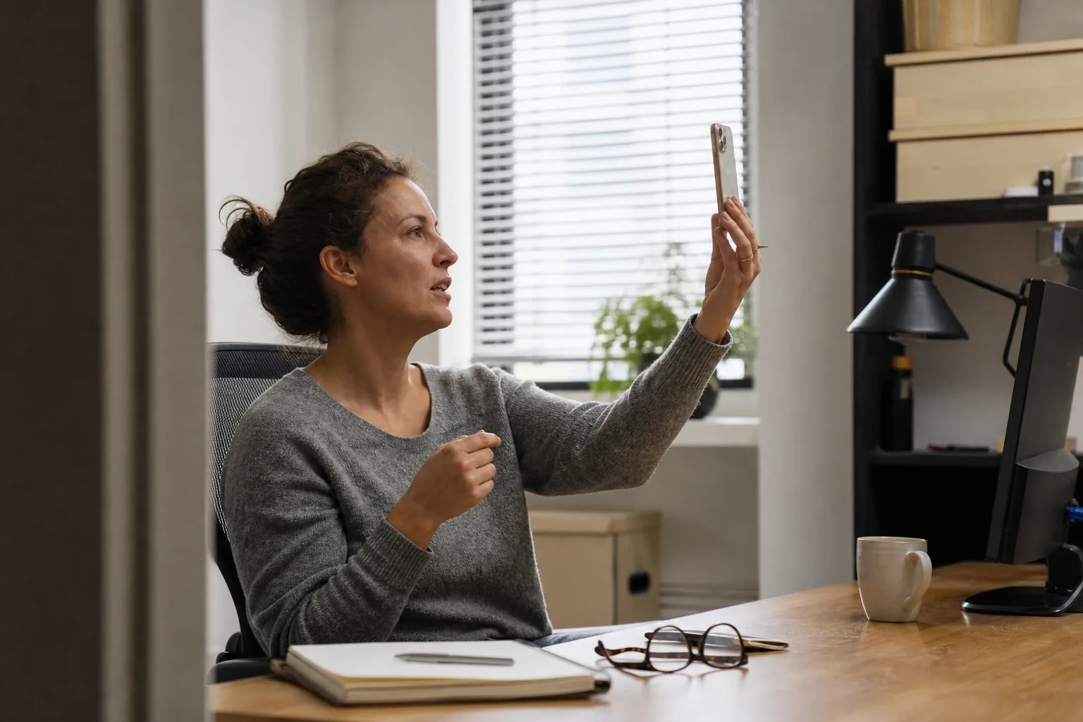 Person holding up a phone for a live selfie check at a desk in a quiet office